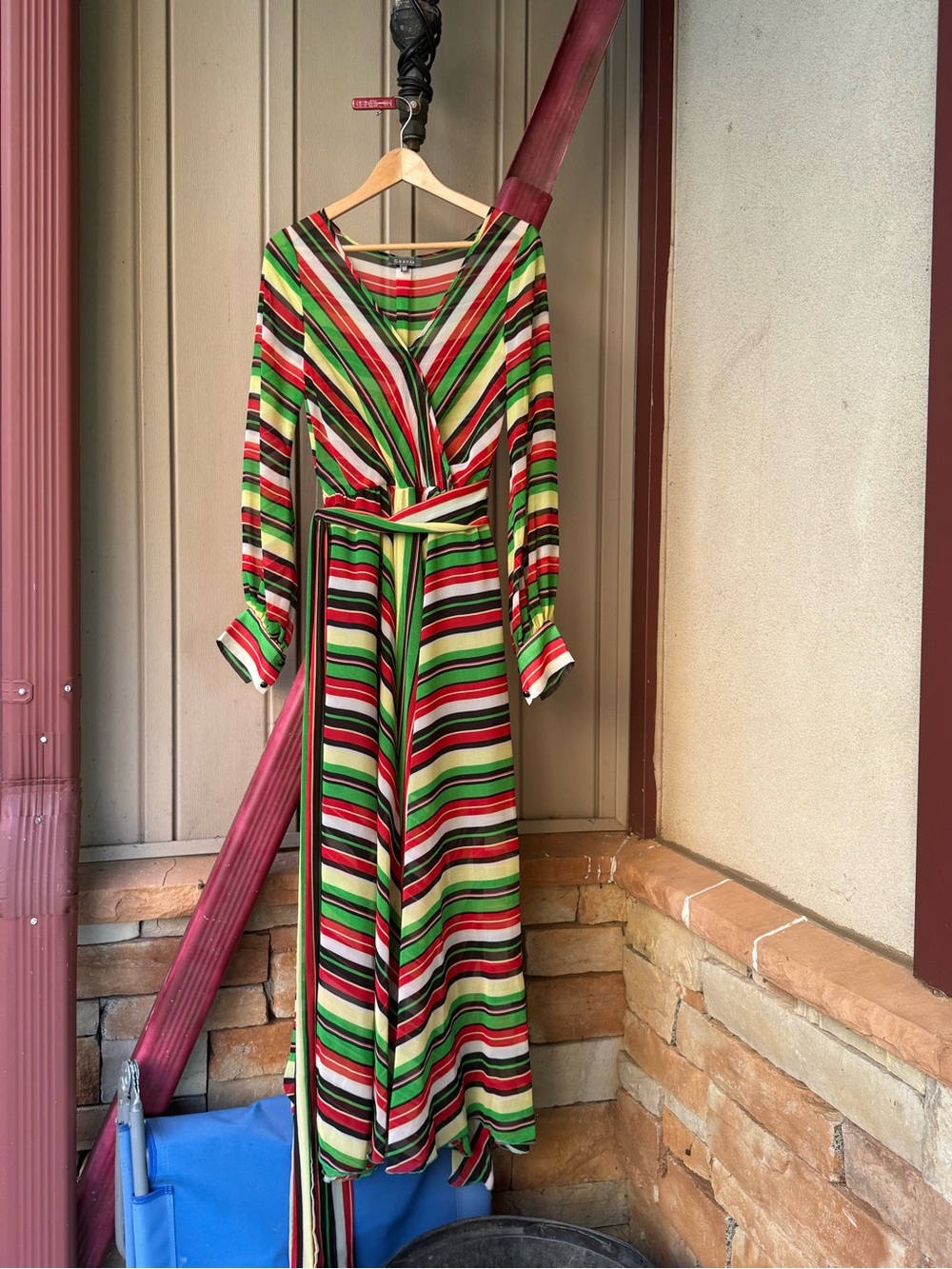Gracia Striped Wrap Maxi Dress in Green, Red, Black & Cream